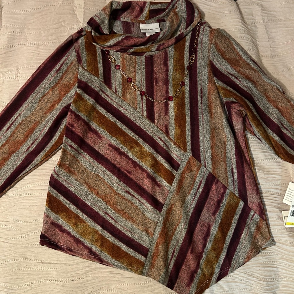 New. Alfred Dunner Burgundy and Gray Striped Cowl Neck Sweater